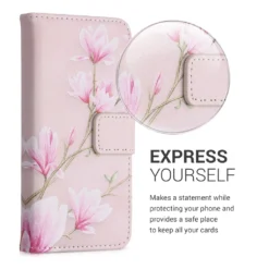 Kwmobile Wallet Case Kompatibel Mit Alcatel 1B (2020) - Hülle Mit Ständer Kartenfächer Magnolien Rosa Weiß Altrosa