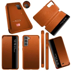 Für Samsung Galaxy S21 FE G990B Wake UP Handy Tasche Orange Etuis Magnetisches View Book Cover Schutz Case Hülle Zubehör Wallet