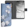 Kwmobile Wallet Case Kompatibel Mit Motorola Edge 20 Lite - Hülle Mit Ständer Kartenfächer Magnolien Taupe Weiß Blaugrau