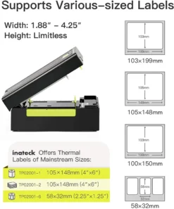 Inateck 4x6 Etikettendrucker 100mm*150mm, Mit Ständer, 50 Thermopapier-Etiketten, Reinigungsstift -Elektronikpunkt 61ef3c38d7f9200d0ee34a93caf3c8ae