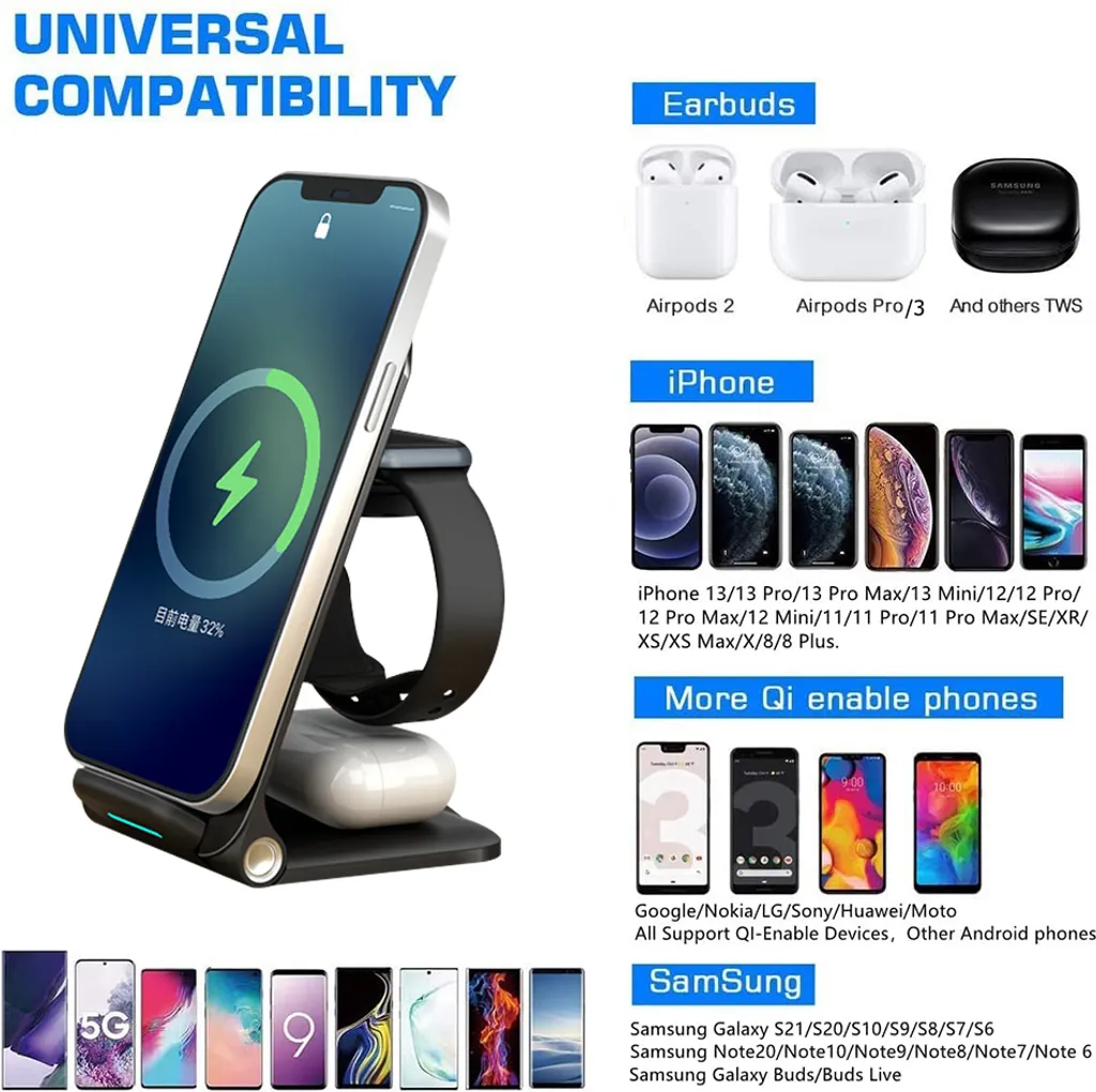 Kabellose 3-in-1-Ladestation, Schneller Kabelloser Ladeständer, Kompatibel Mit IPhone 13/12/11 Pro Max/X/XS/XR Max/8/8 Plus, AirPods 3/2/pro, IWatch 6/5/SE/4/3ColorBlack) 11 Kabellose 3-in-1-Ladestation, Schneller Kabelloser Ladeständer, Kompatibel Mit IPhone 13/12/11 Pro Max/X/XS/XR Max/8/8 Plus, AirPods 3/2/pro, IWatch 6/5/SE/4/3ColorBlack) – Bild 9