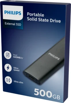 Philips External SSD 500GB, USB3.2, Schwarz