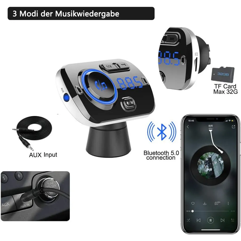 Autoradio FM Transmitter Bluetooth 5.0 Autoradio AdapterAutoladegerät Mit 7-Farben-Licht, Dual-USB-MP3-Freisprecheinrichtung 6 Autoradio FM Transmitter Bluetooth 5.0 Autoradio AdapterAutoladegerät Mit 7-Farben-Licht, Dual-USB-MP3-Freisprecheinrichtung – Bild 4