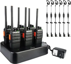 Retevis RT24V Freenet Funkgeräte Set, Professionelle PMR Funkgerät Großer Reichweite, Walkie Talkie Mit Headset 6-Wege-Ladegerät, 6 Kanäle Für Security, Polizei, Veranstaltung(6 Stück, Schwarz)