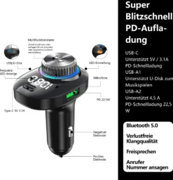 Bluetooth FM Transmitter Für Auto Mit Freisprecheinrichtung Und Navigation, Kabellos FM Bluetooth Adapter Auto Mit Bunte LED-Leuchte (7 Farbe), Kfz-Radio FM Transmitter Unterstützt TF-Karte USB-Drive Musiksteuerung, USB-A USB-C Dual USB-Ladegerät Mit PD 22.5W Schnellladung Für Smartgeräte, Handy Freisprechanlagen, GPS-Geräte -Elektronikpunkt de2bb91f7af66f1bca3931689f5cf3d5