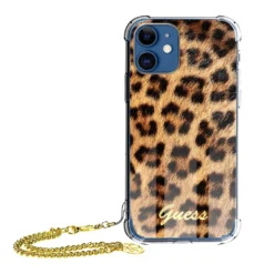 Guess Gold Chain Collection Smartphone Case Mit Kette Für Apple IPhone 12 / 12 Pro Leoparden Muster